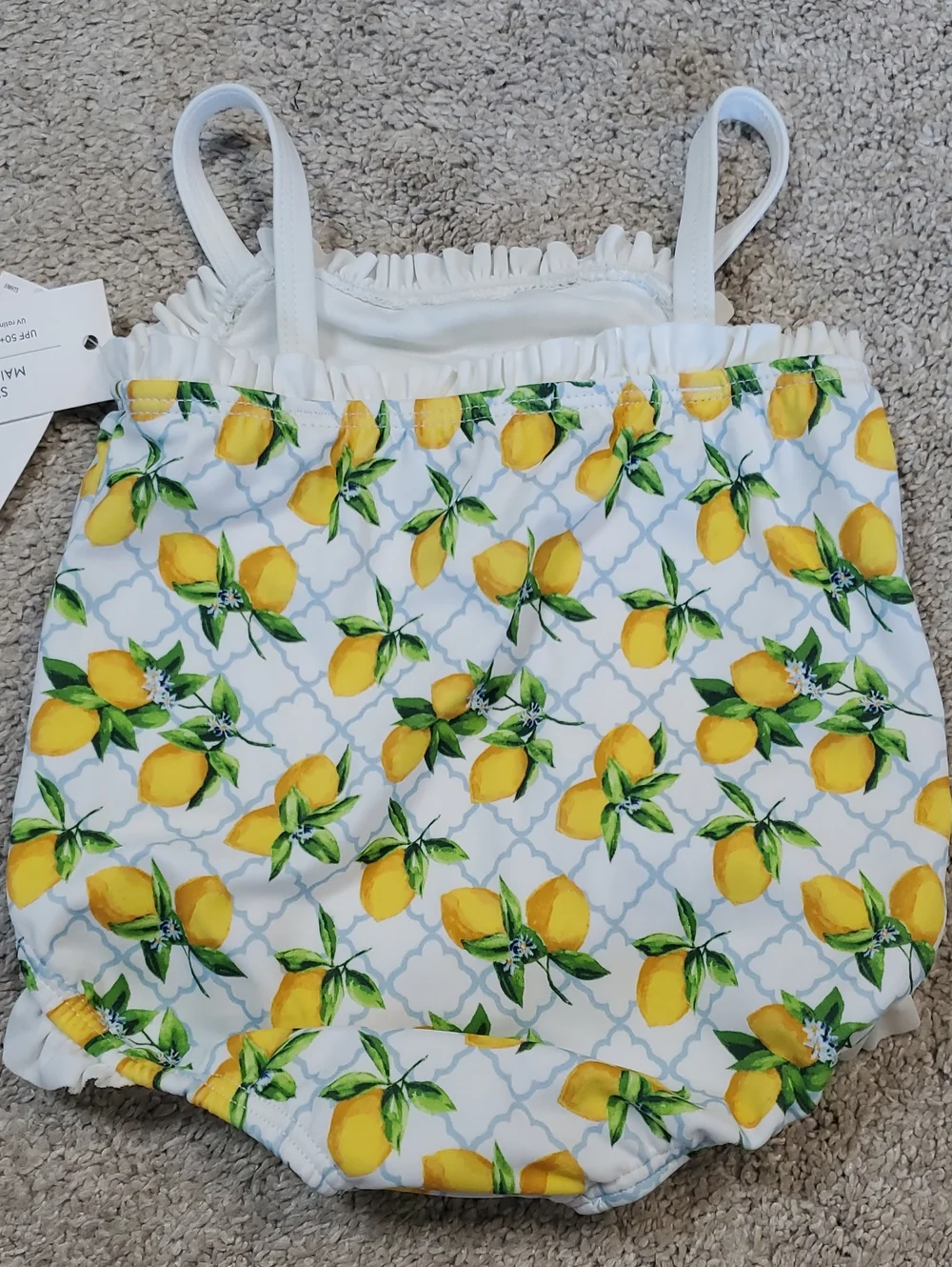 Janie and Jack Vibrant Lemon Print Baby Swimsuit With Bow. 0-3 Months